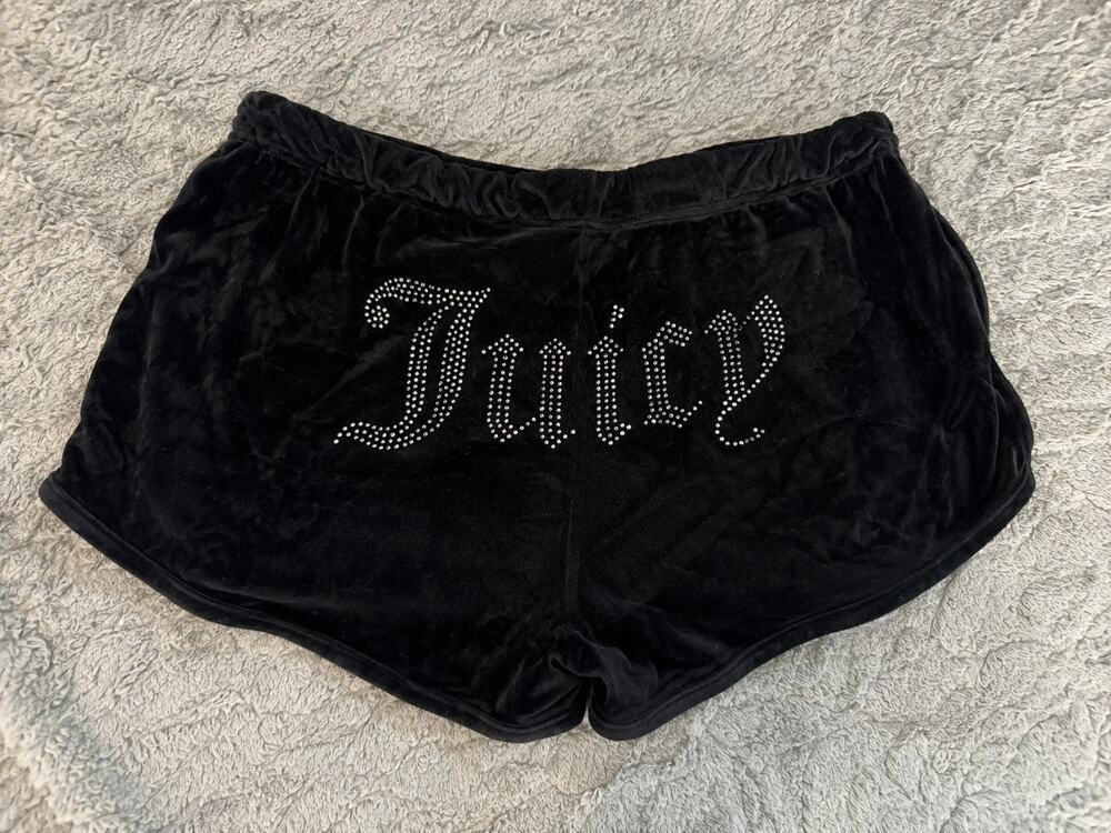 Juicy Couture Black Velour Rhinestone Logo Sleep Shorts L Y2K Cozy Lounge
